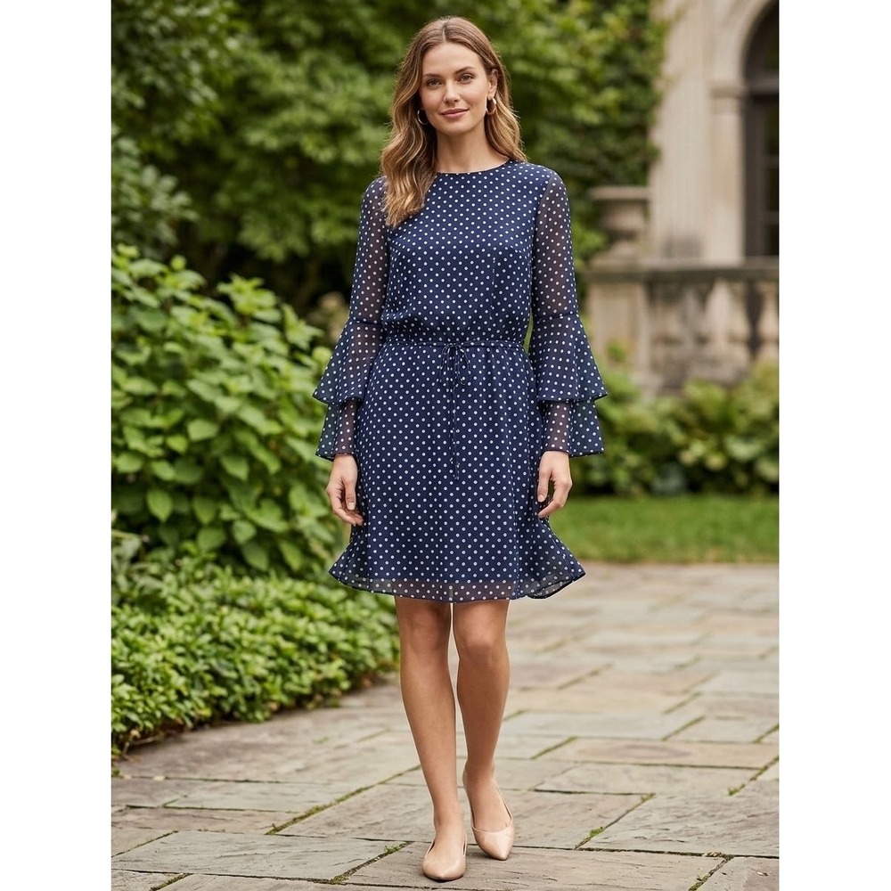 Lauren Ralph Lauren Navy Polka Dot Bell Sleeve Georgette Dress 10